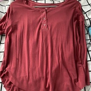 red quarter sleeve tee with buttons